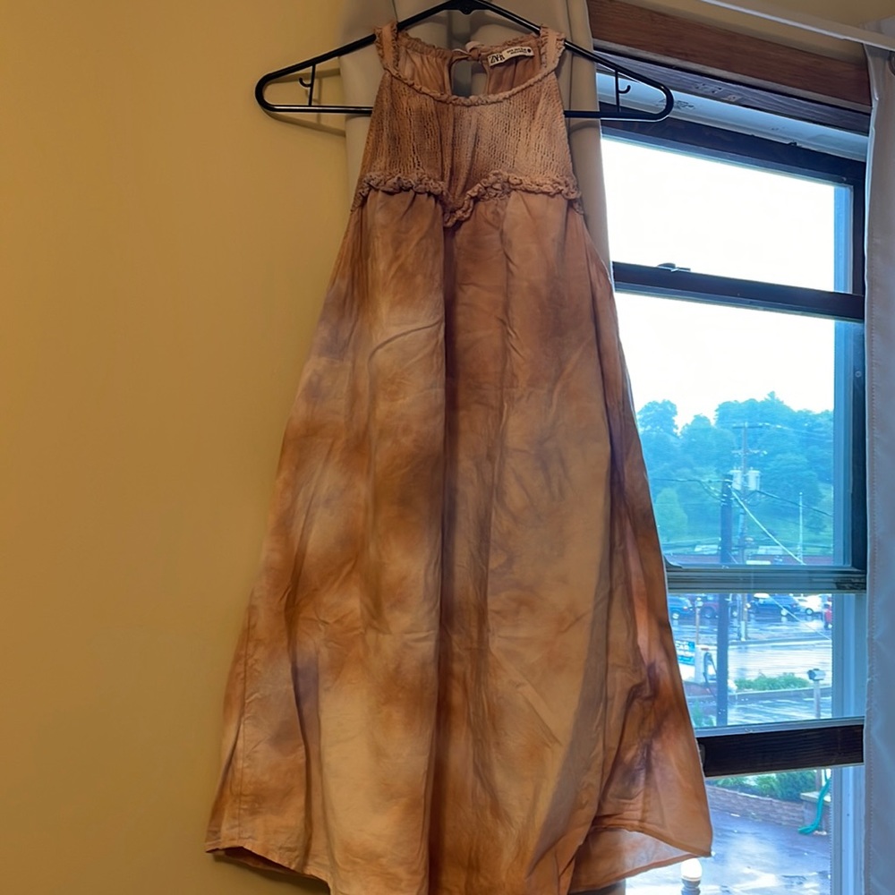 A Line Zara dress tan.white.hint of lt blue